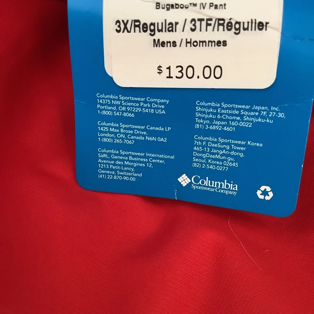 Columbia Men's Bugaboo IV Pant, Mountain Red sz 3X Big‎ BNWT